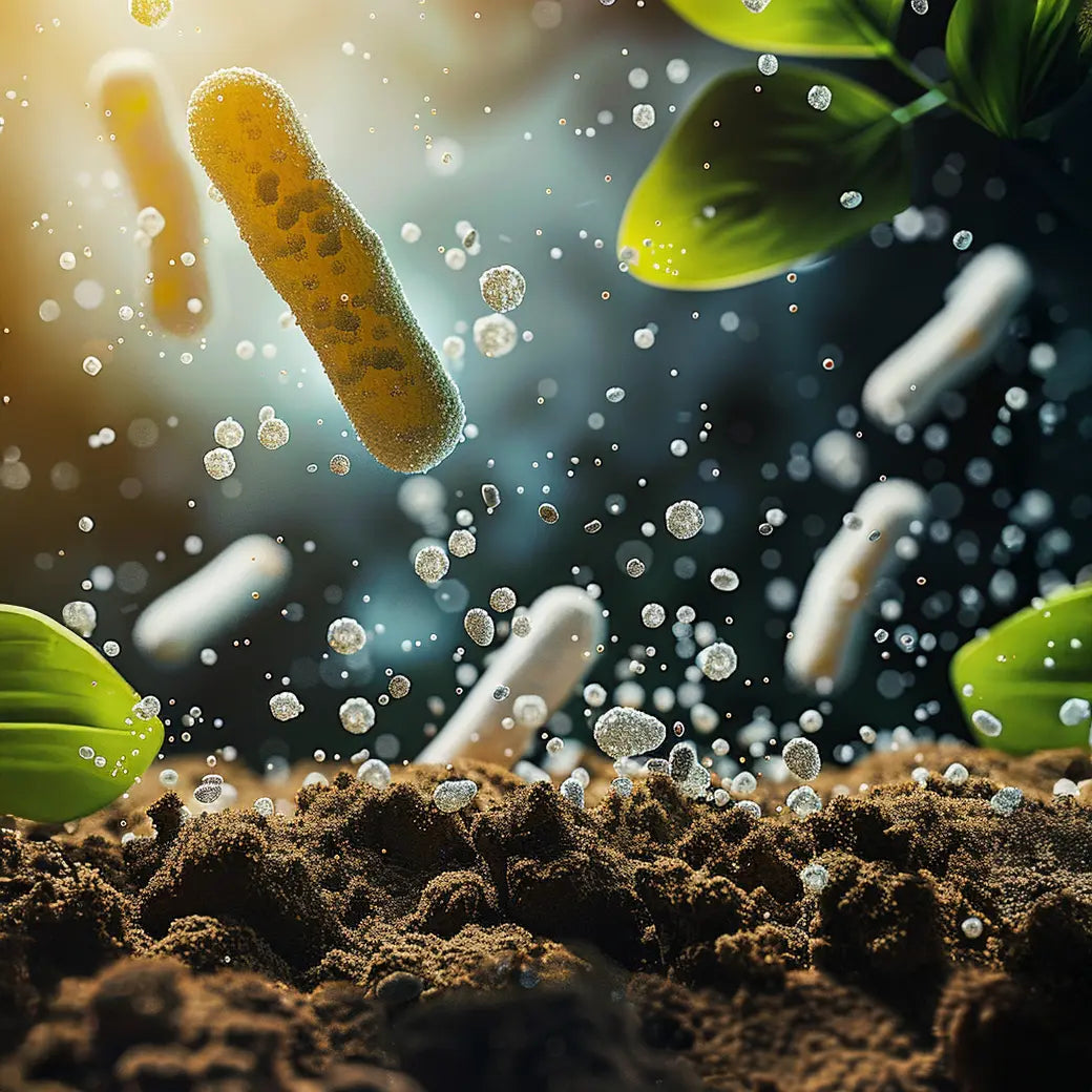 Conceptual illustration of amino acids supporting soil microbial activity, nutrient availability and plant nutrition.