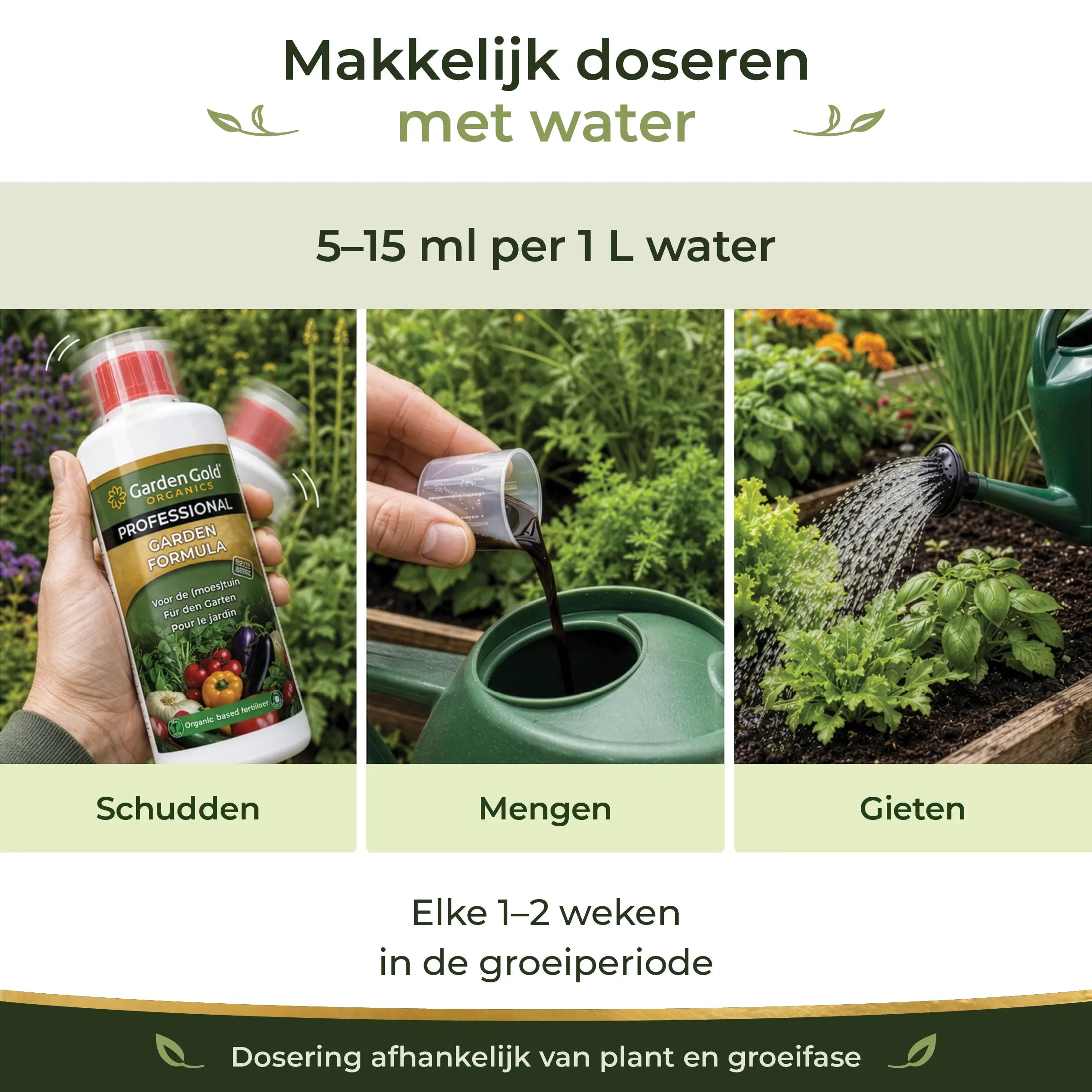 Dosage guide for Garden Formula showing shake, mix and water at 8 to 15 ml per liter during the growing season