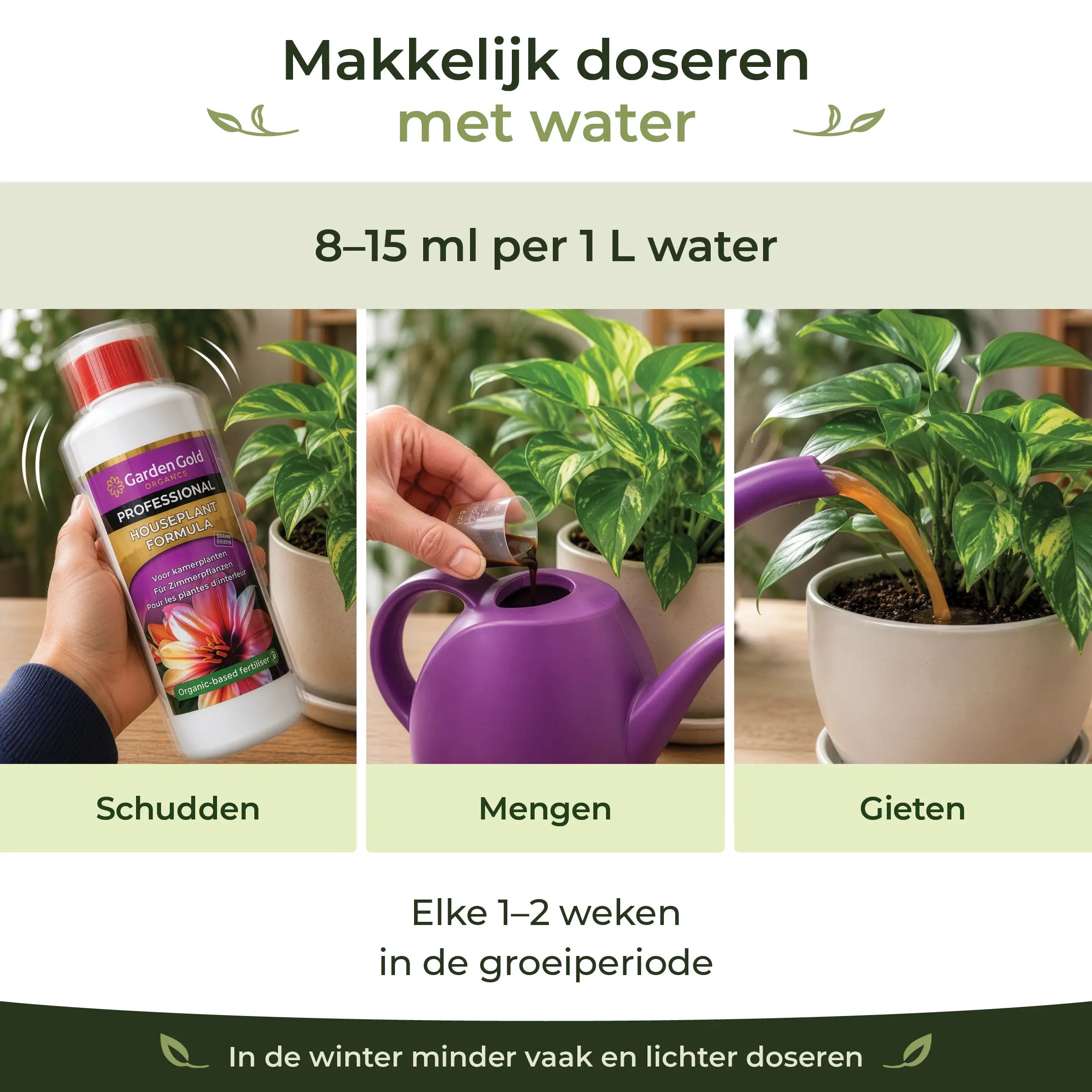 Dosage guide for Houseplant Formula showing shake, mix and water at 8 to 15 ml per liter during the growing season