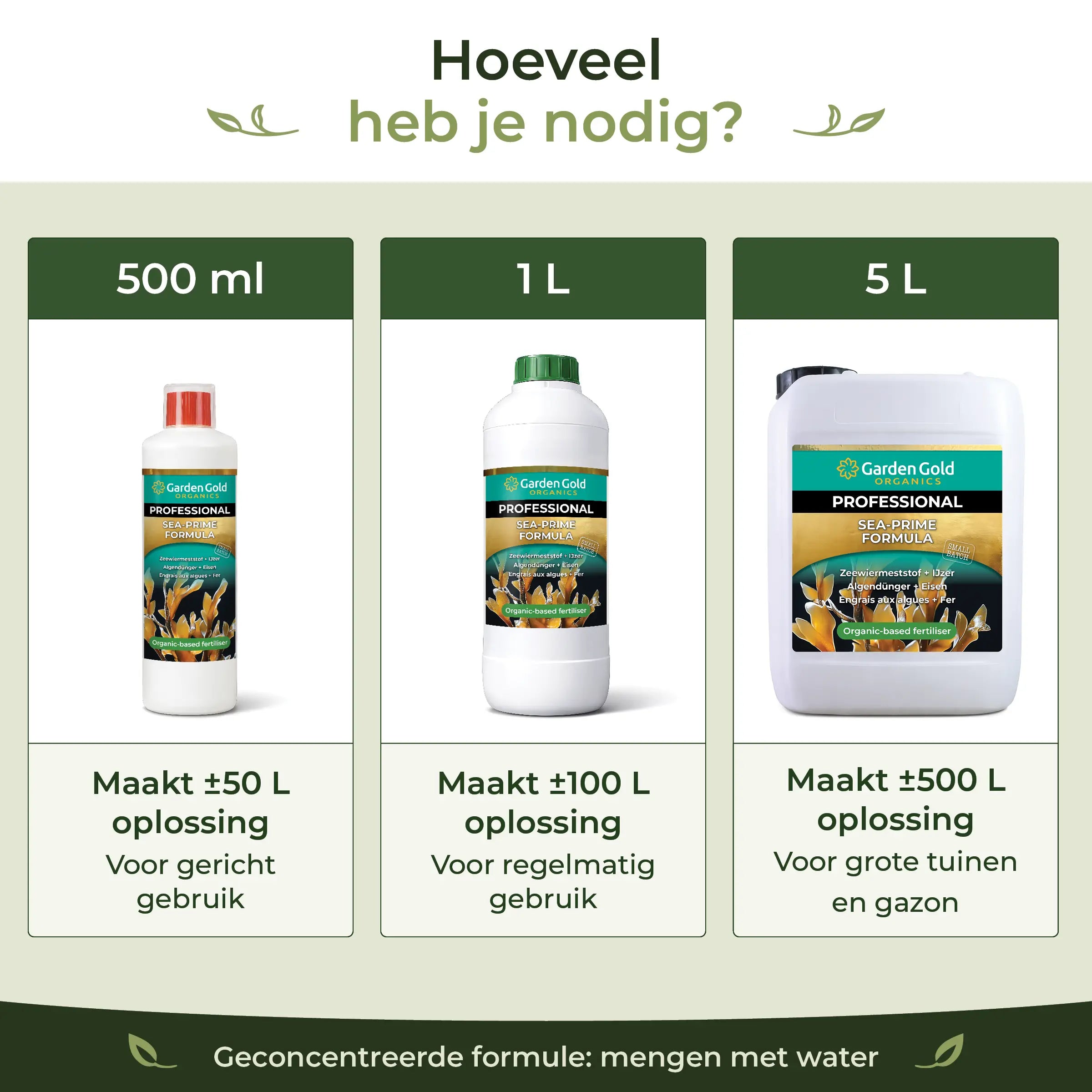 Garden Gold Sea-Prime bottle sizes showing 500 ml, 1 L and 5 L options for making concentrated seaweed solution with water