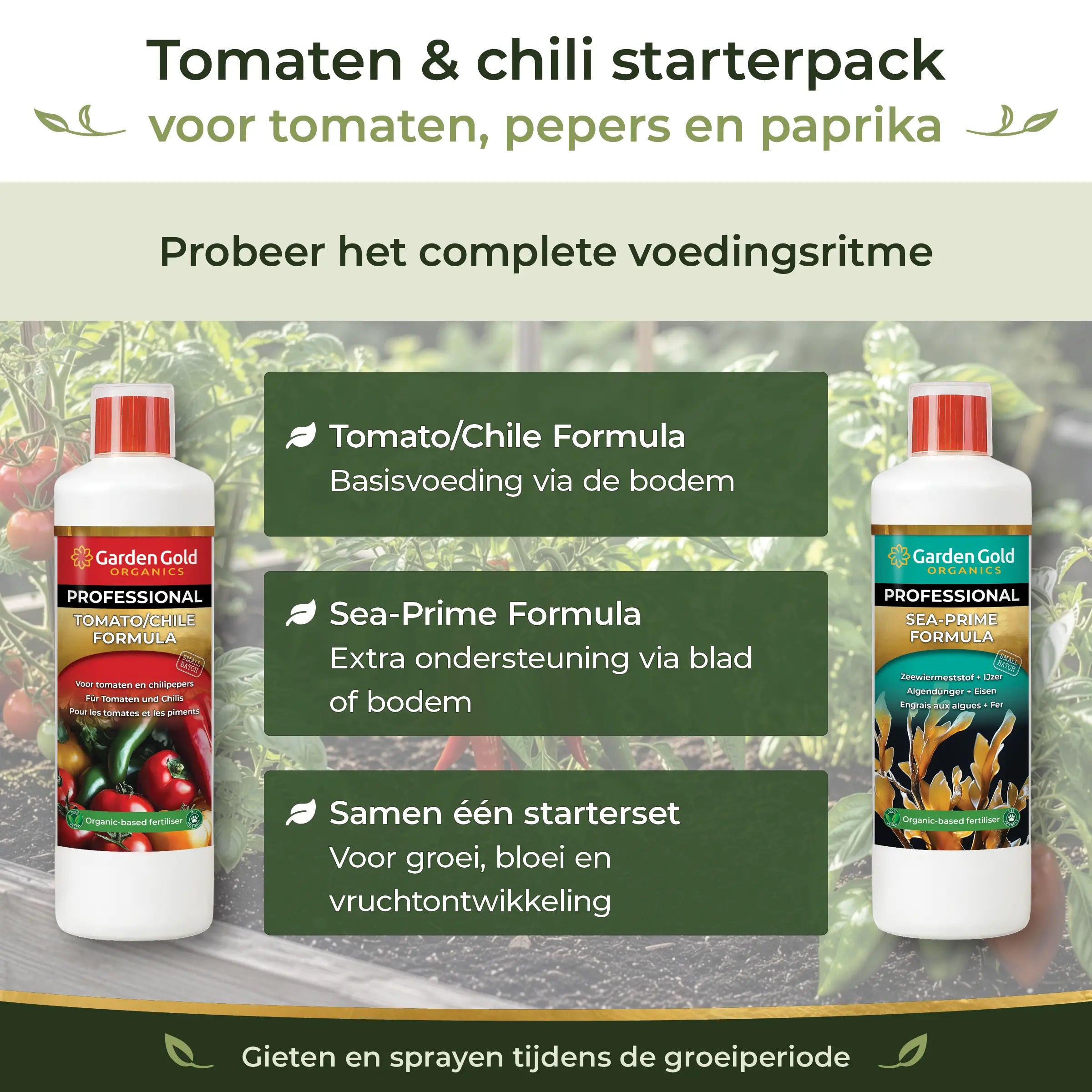 Tomato/Chile Feeding Starter Pack with Garden Gold Tomato/Chile Formula and Sea-Prime for tomatoes, chiles and peppers
