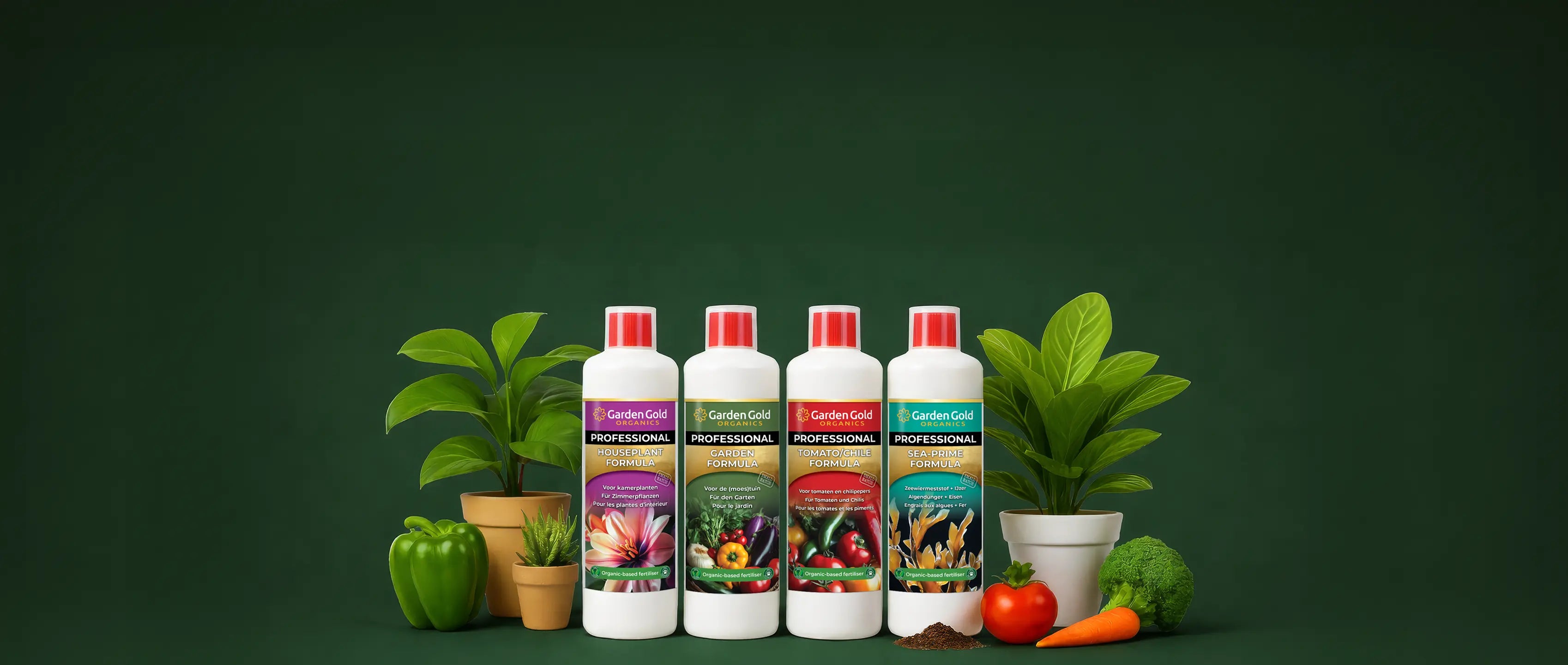 Garden Gold organic-based liquid plant fertilisers with formulas for houseplants, garden plants, tomatoes, chiles and seaweed-based plant support