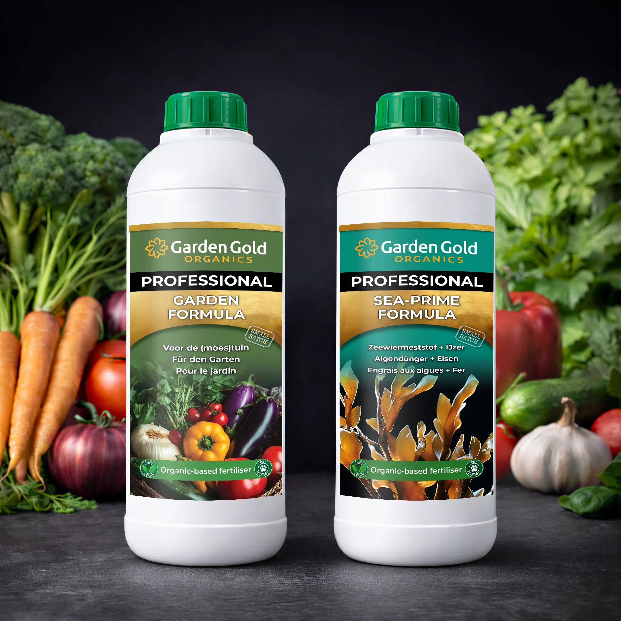 Garden feeding program with organic liquid fertilizer and plant-based booster for outdoor plants