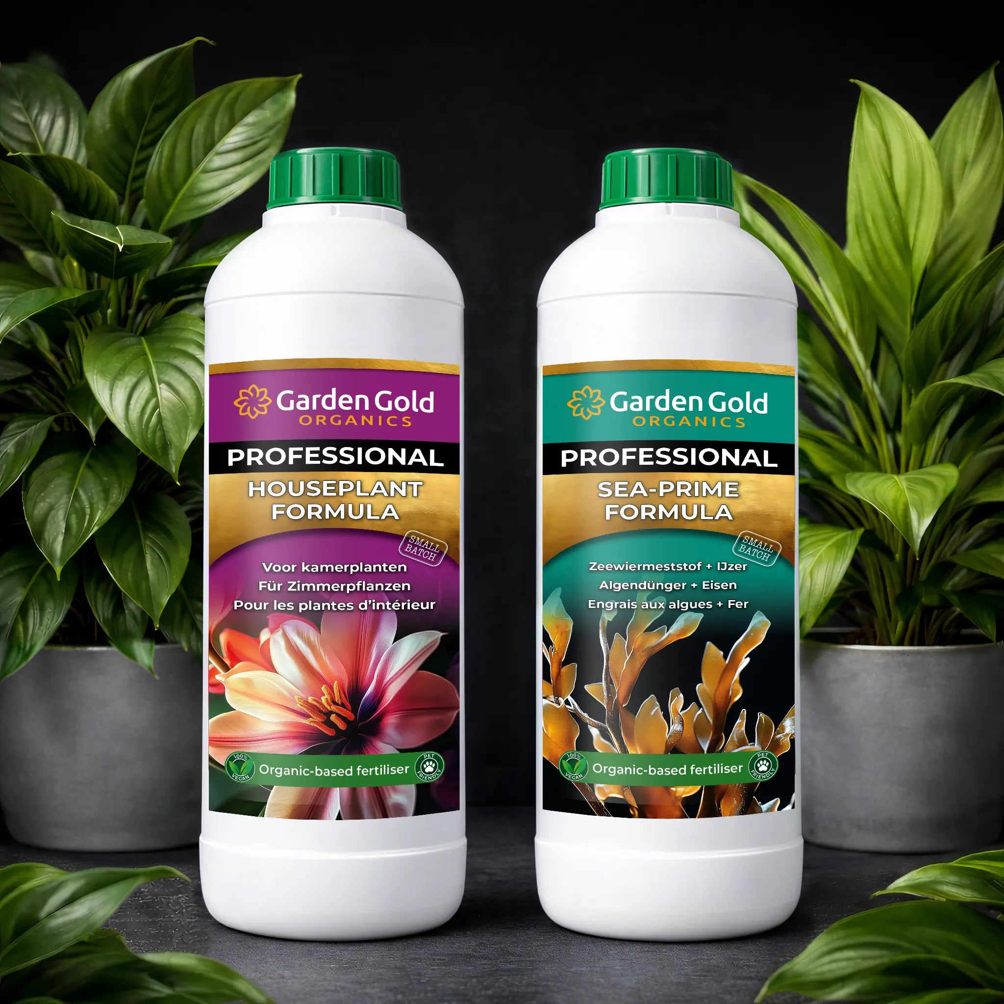 Houseplant feeding program with organic liquid fertilizer and plant-based booster for indoor plants