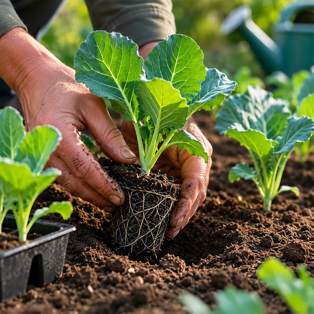 Young vegetable seedling with a healthy root system being transplanted into nutrient-rich garden soil.