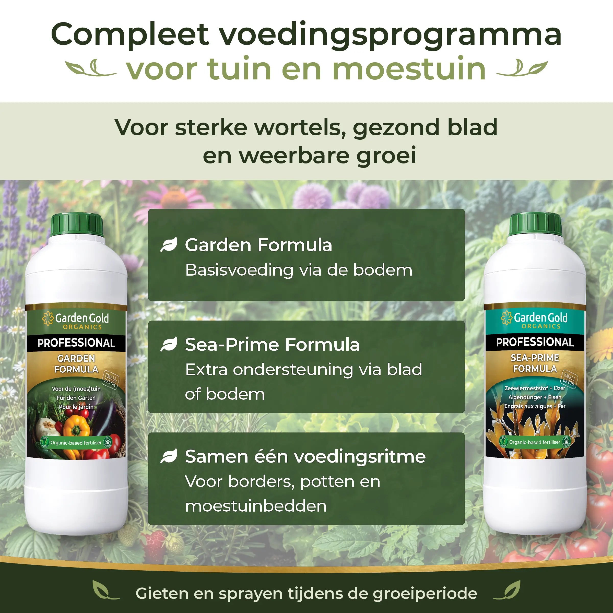 Complete Garden Feeding Program with Garden Gold Garden Formula and Sea-Prime for strong roots, healthy leaves and resilient growth