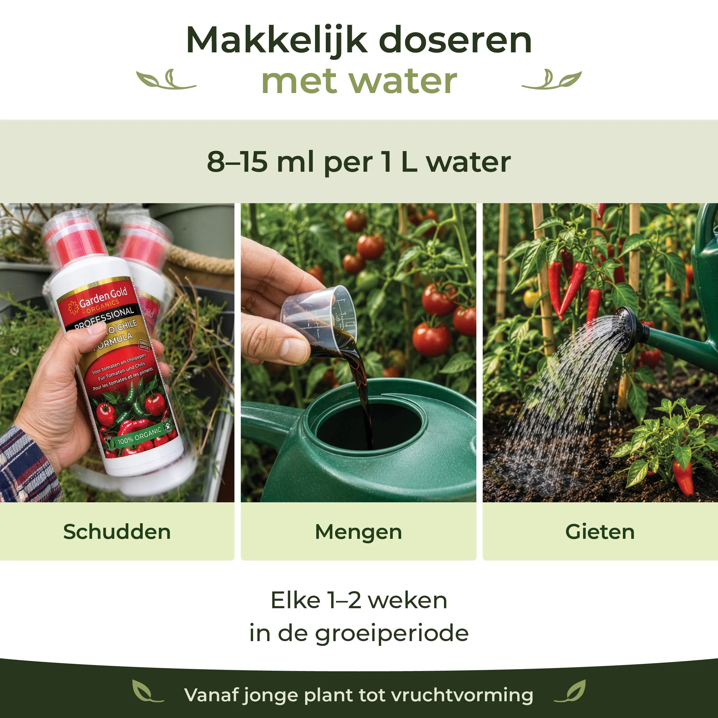 Dosage guide for Tomato/Chile Formula showing shake, mix and water at 8 to 15 ml per liter during the growing season